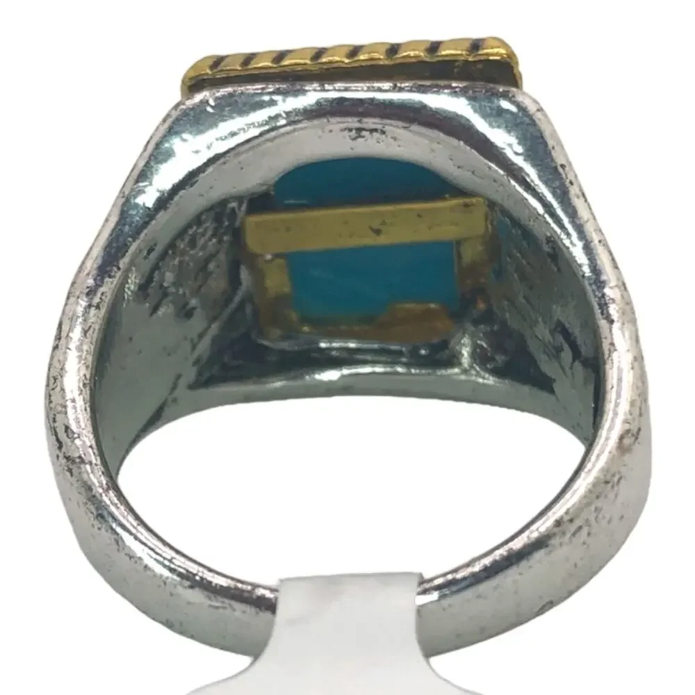 Silver and Gold Boho Ring with Blue Stone - Size 8.5